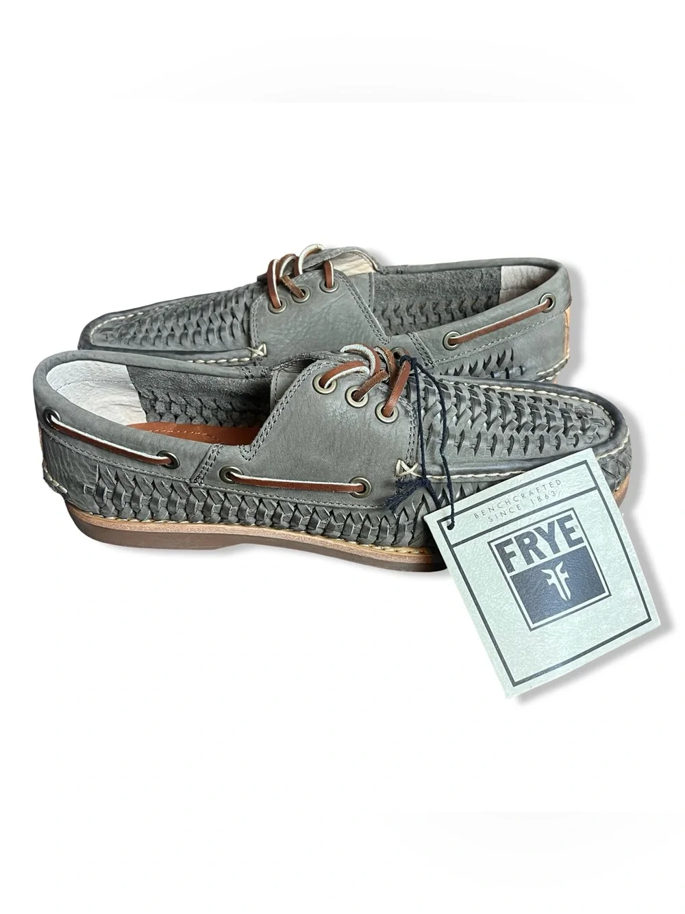 Frye Mens Sully Woven Boat Shoes Leather Loafers Slate Gray NIB Sz. 9